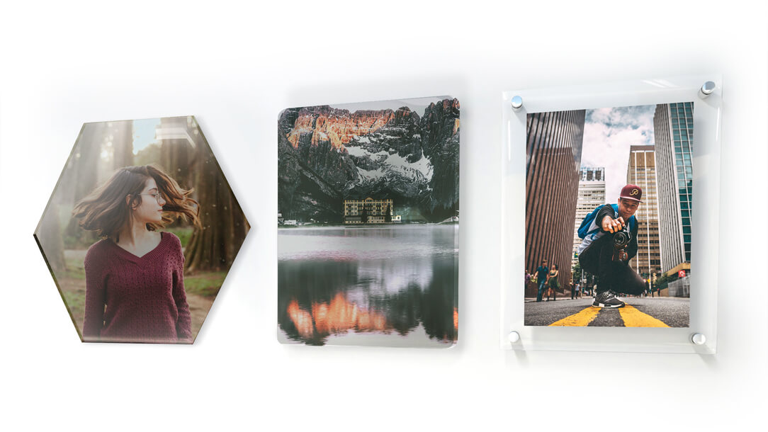 Acrylic prints with different edges and mounting options on an interior wall