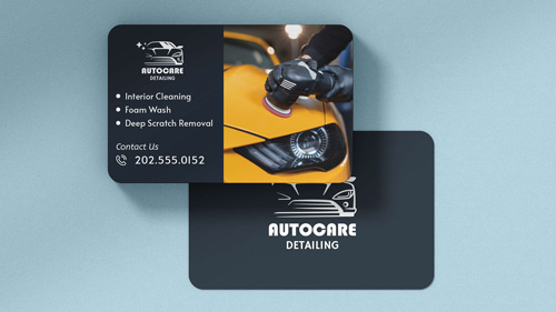 Auto detailing business cards with offered services and imagery of the detailing process