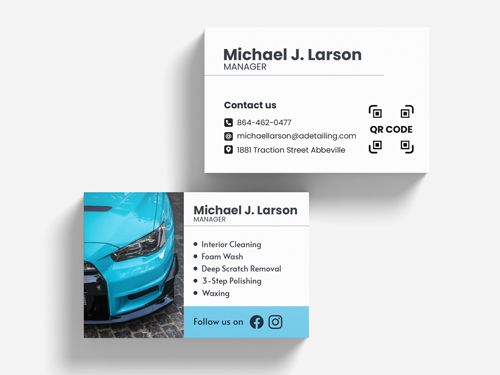 Auto detailing business cards with photograph of a car and a qr code