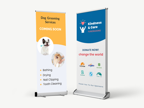 Custom retractable banners in blue and yellow colors for promotional uses