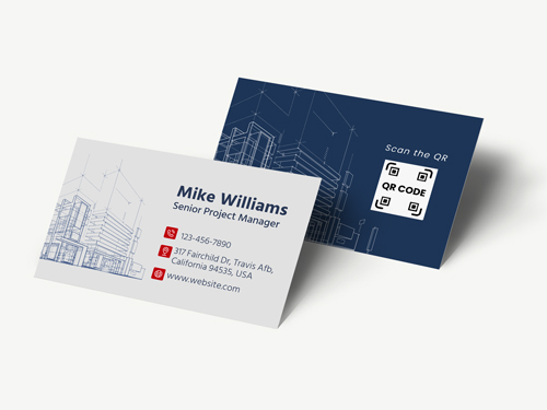 Construction business cards with blueprint design in white and blue