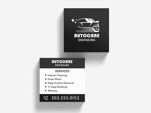 Auto detailing business cards with company branding in black and white