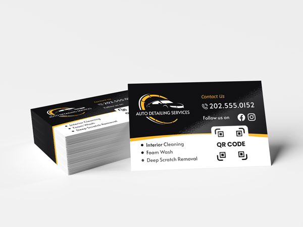 Black and white auto detailing business cards with branding and qr code