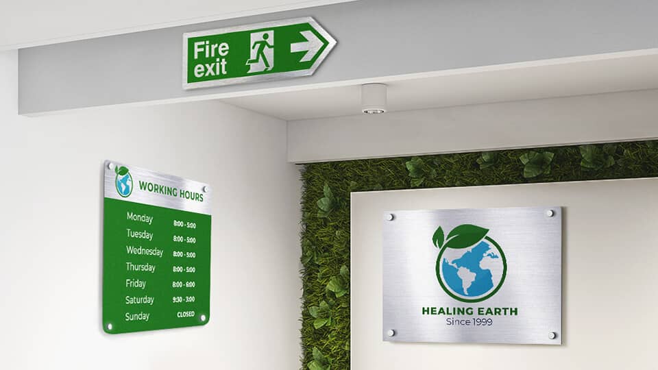 Custom brushed aluminum signs with green and blue graphics