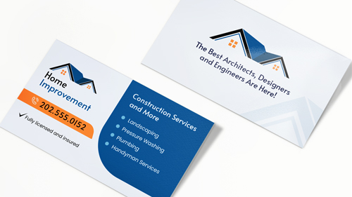Company branding construction business cards with listed services and contact information