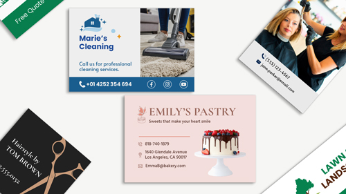 Business cards for different industries, featuring images, branding elements, and contacts