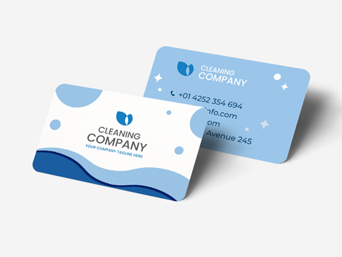 Rounded cleaning service business cards with company branding and tagline