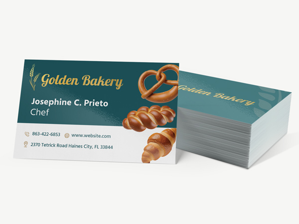 Stacked bakery business cards in green and blue with representative name and title