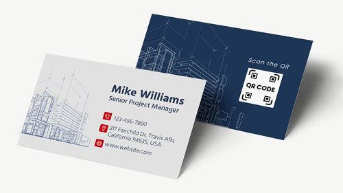Construction business cards in blue and white, featuring a blueprint design
