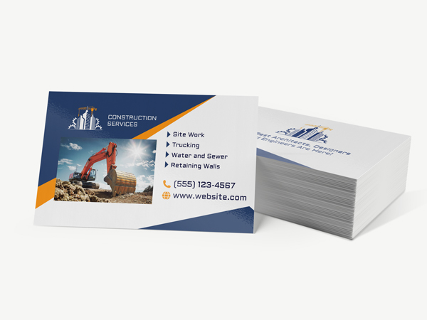 Stack of construction business cards with a picture of excavator and company logo