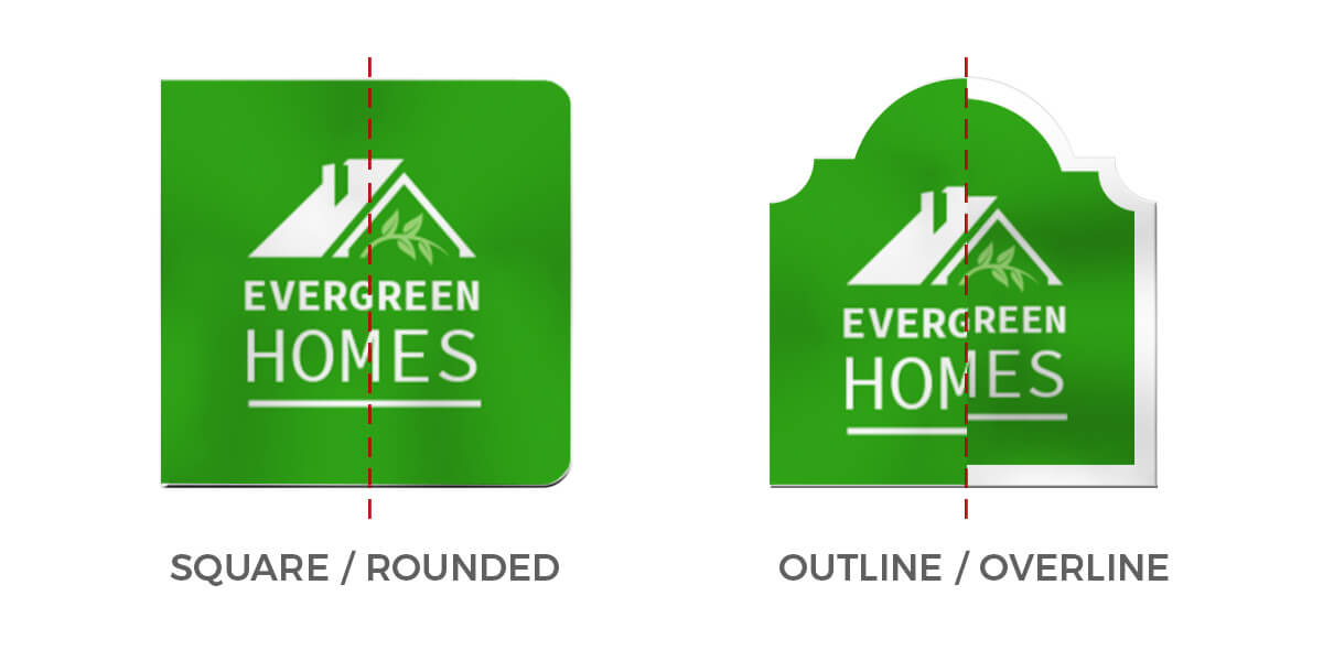 Custom-shaped aluminum signs with green logo prints and texts