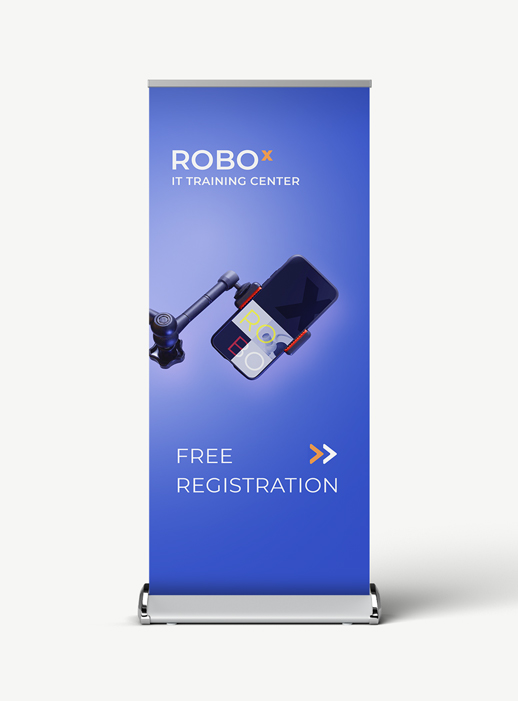 Blue deluxe retractable banner for IT training center branding