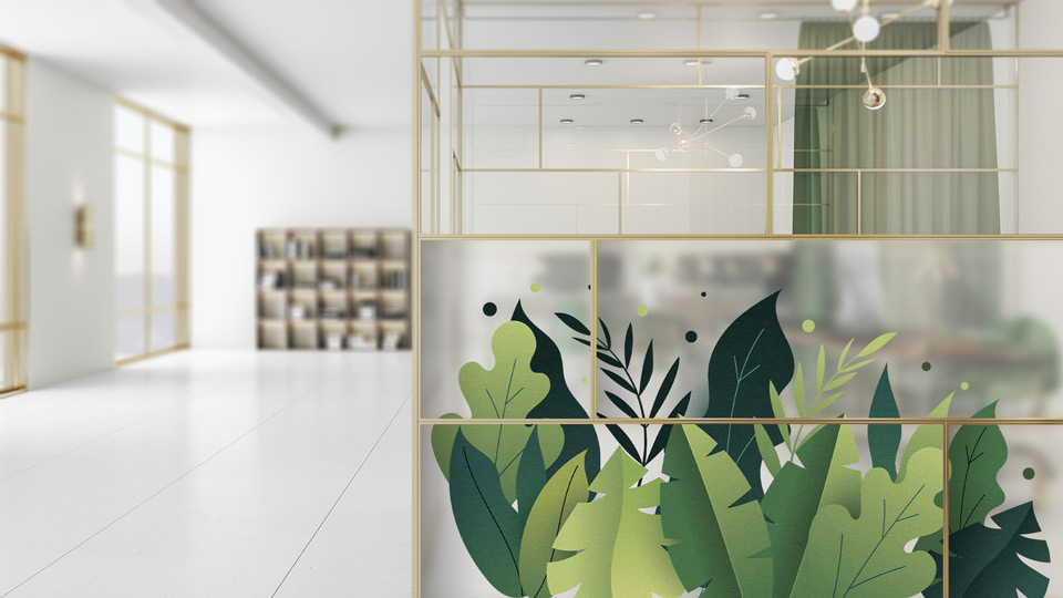 frosted office window decal with leaves