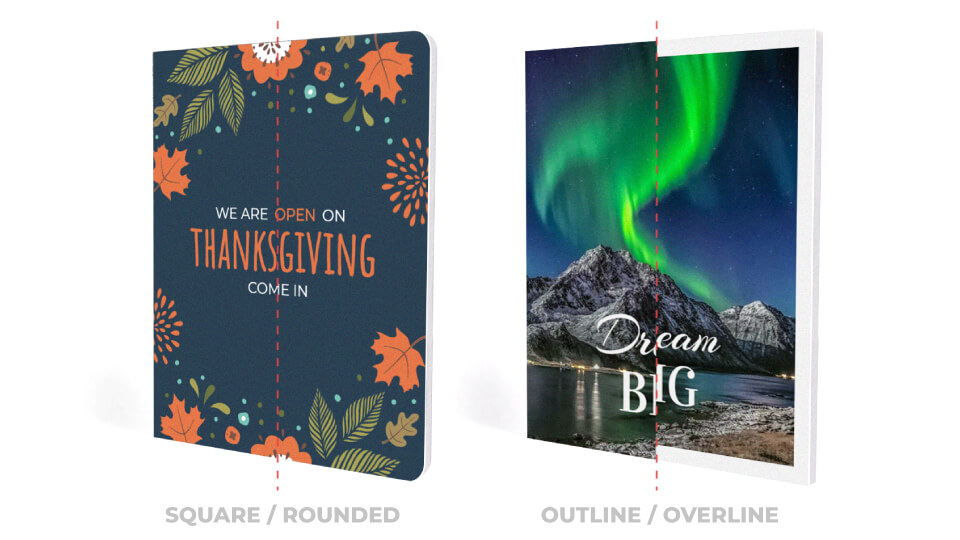 Square, rounded, outline and overline shape options for gator board signs