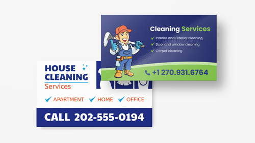 Dark blue and white cleaning service business cards with illustration of cleaner