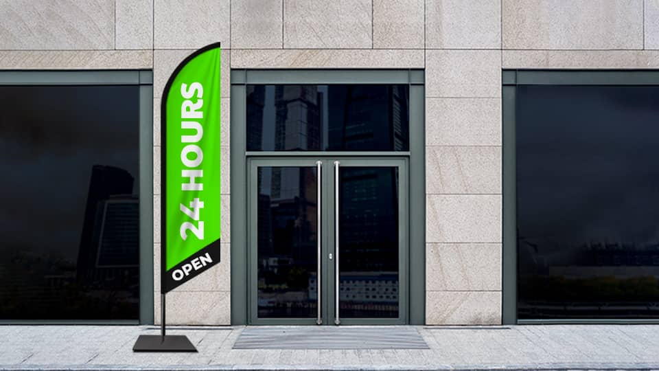 24 Hours Open feather flag with green graphics in a large size