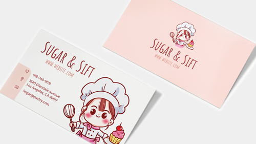 Bakery business cards in light pink featuring an illustration