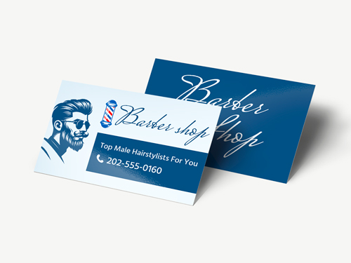 Male oriented barbershop hairstylist business cards in dark blue and bluish white