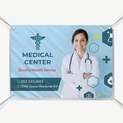 Custom business banner for medical center made of mesh material  featuring contact details