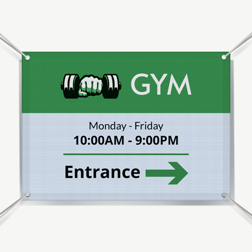 Gym operating hours mesh advertising banner with directional arrow and brand logo