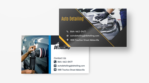 Auto detailing business cards featuring images of auto detailing process with contact details