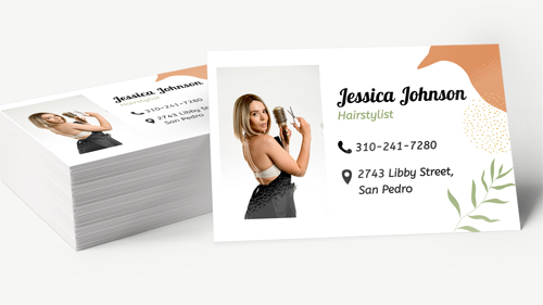 Stacked hairstylist business cards featuring portrait of stylist