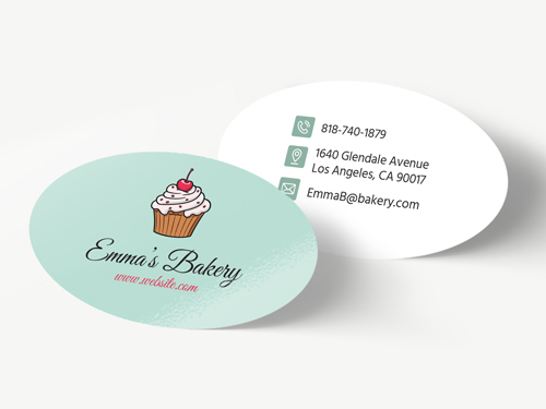 Oval bakery business cards with branding and contact details