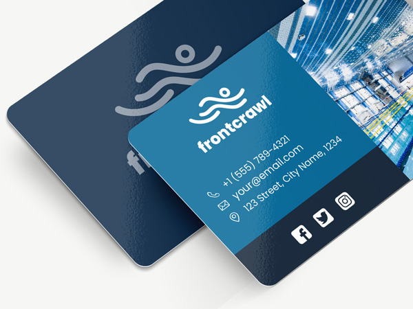 Plastic business cards in dark blue, featuring branding elements and an image of a pool