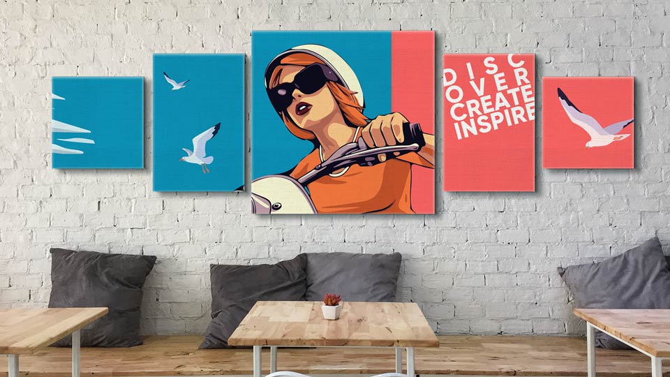 A girl on a moped with a set of illustrations in the pop art style 5 piece canvas prints