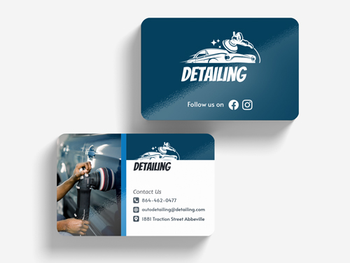 Mobile detailing business cards featuring image of auto detailing process