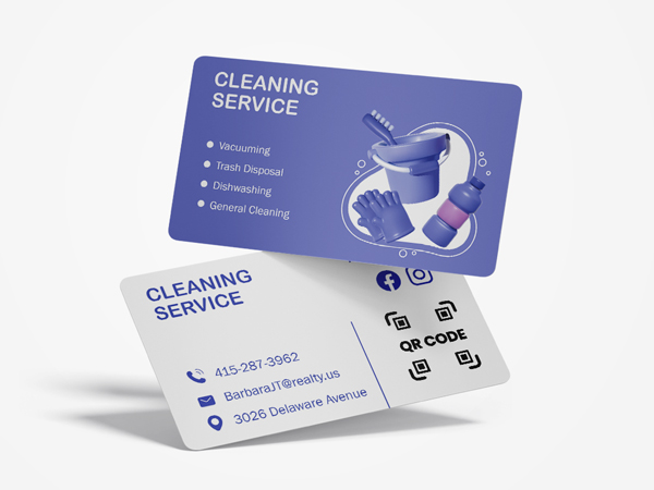 Purple rounded cleaning business cards with available services listed