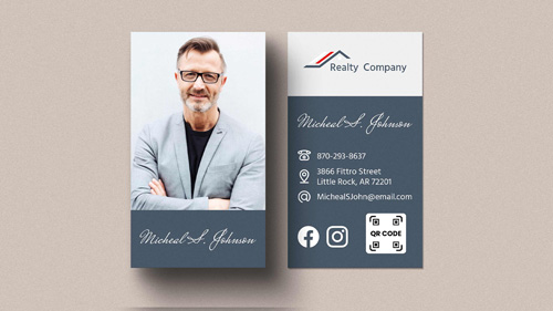 Real estate business cards with a realtor headshot and name