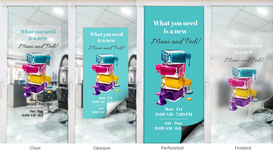 4 types of salon window decals displaying the difference between available vinyl materials