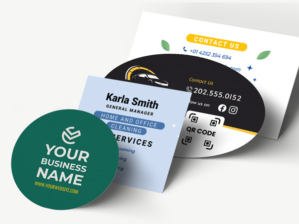 Shaped business cards in various shapes and colors for different industries