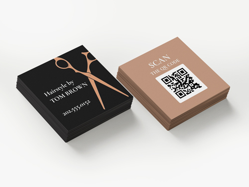Square hairstylist business cards with icon of scissor in black and gold