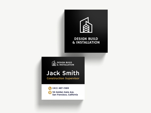 Square construction business cards with company representative name in black and white
