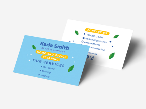 Cleaning business cards with listed services and representative name and position title