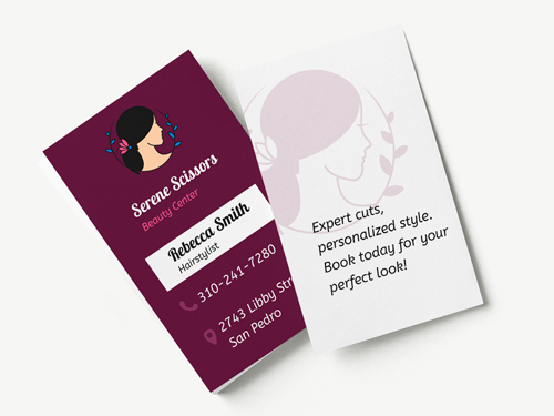 Vertical stylist name and address hairstylist business cards in dark pink and white