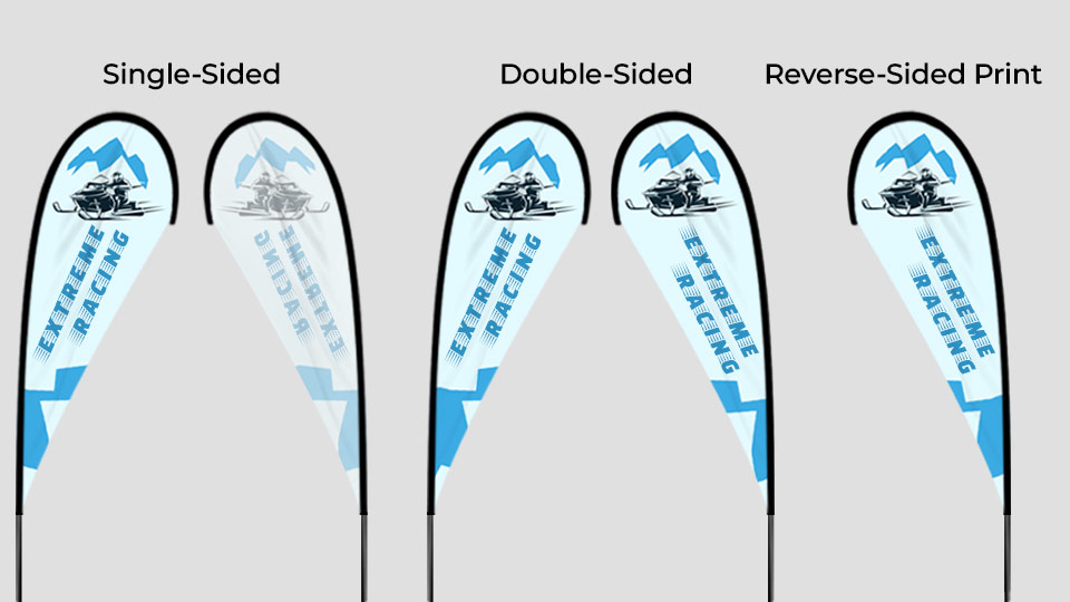 Blue teardrop banners printed in single-sided, double-sided and reverse-sided options