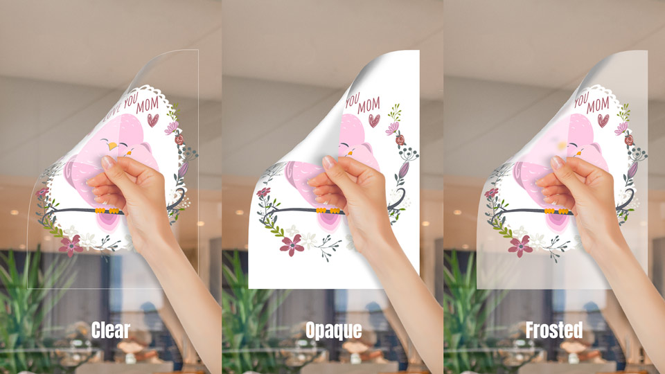 Transparent, opaque and etched home window decal materials on glass