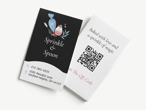 Vertical bakery business cards with baking tools design in black and white