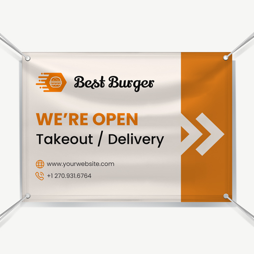 Best Burger We're Open vinyl custom business banner featuring contact details