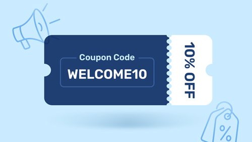 Coupon code WELCOME10 on a blue background reading 10% OFF