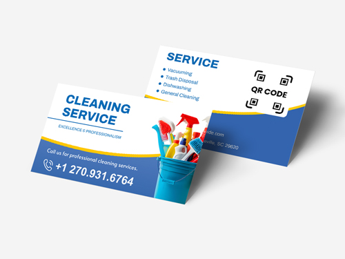 Rectangular cleaning business cards featuring imagery of cleaning supplies in blue and white