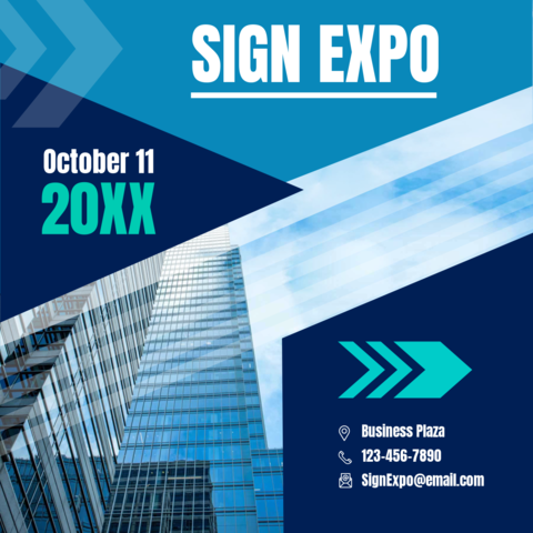 Blue-Themed Business Buildings Expo Sign Template
